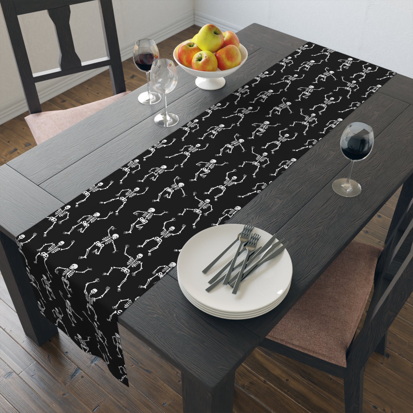 Black Skeleton Table Runner (Cotton, Poly) | Halloween Table Runner | Halloween Decor