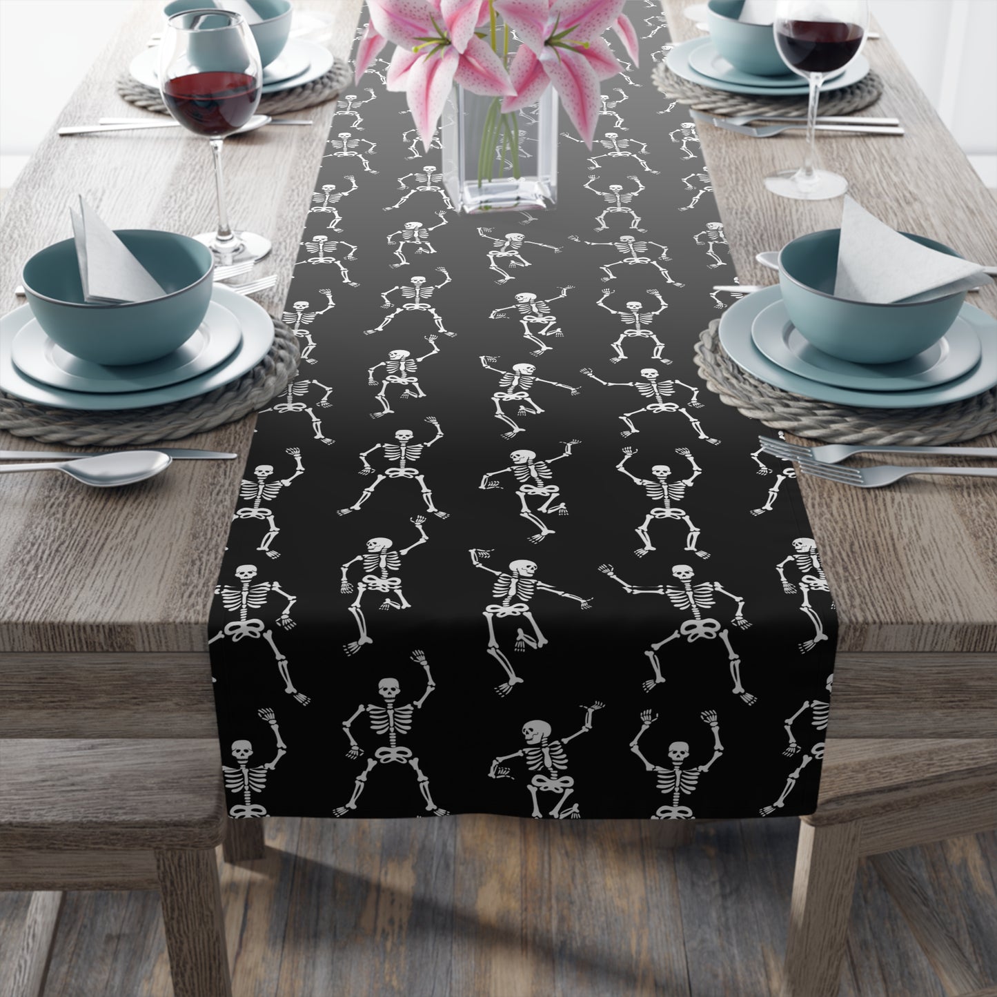 Black Skeleton Table Runner (Cotton, Poly) | Halloween Table Runner | Halloween Decor