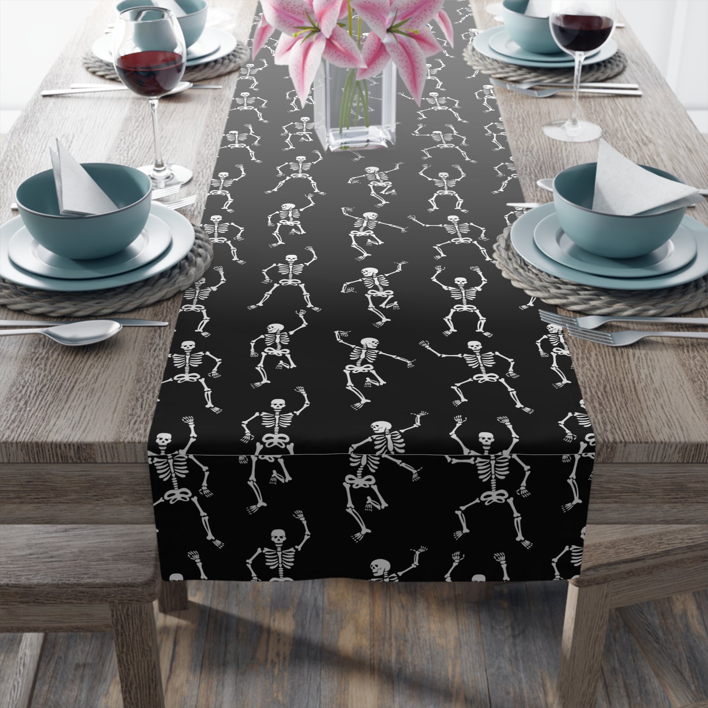 Black Skeleton Table Runner (Cotton, Poly) | Halloween Table Runner | Halloween Decor