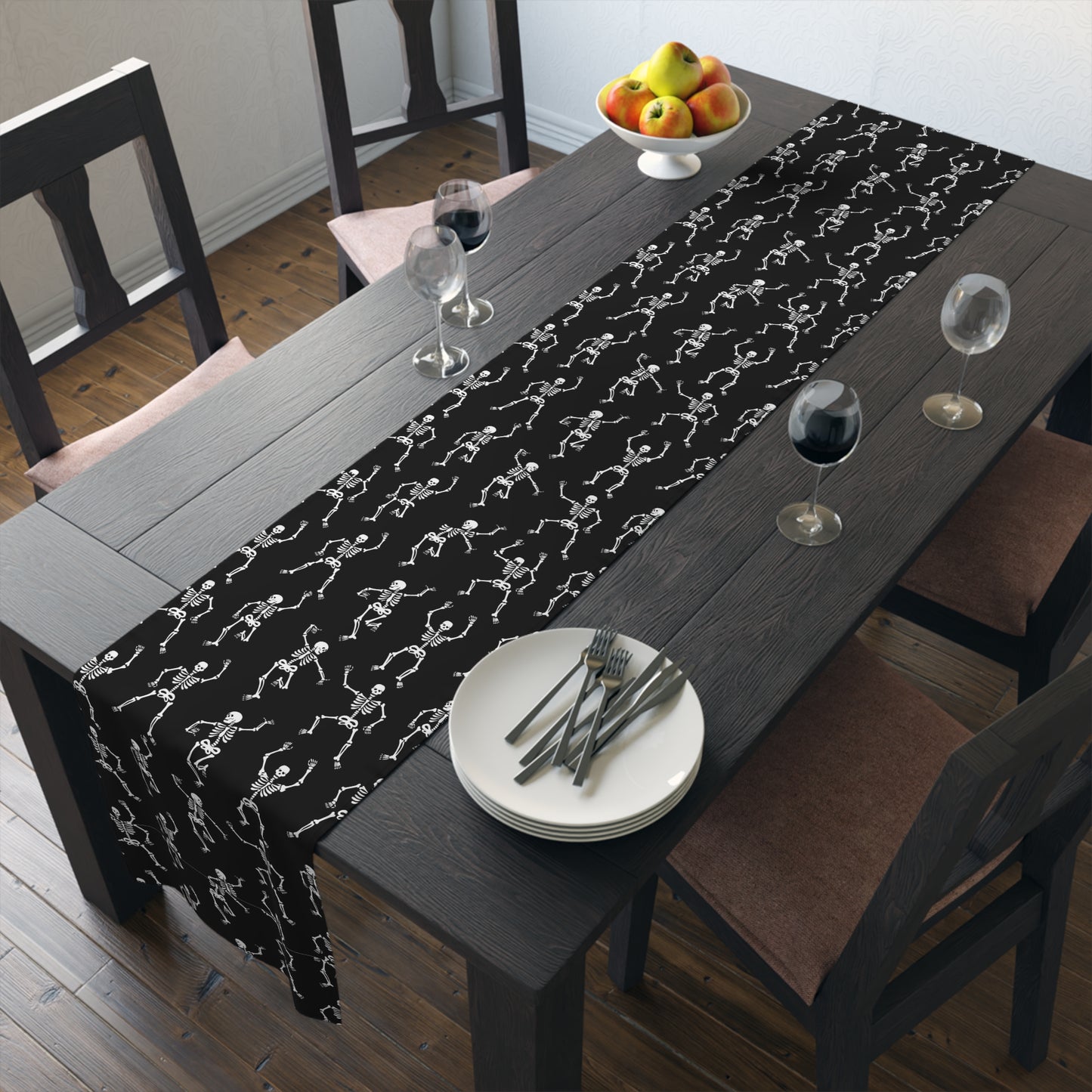 Black Skeleton Table Runner (Cotton, Poly) | Halloween Table Runner | Halloween Decor